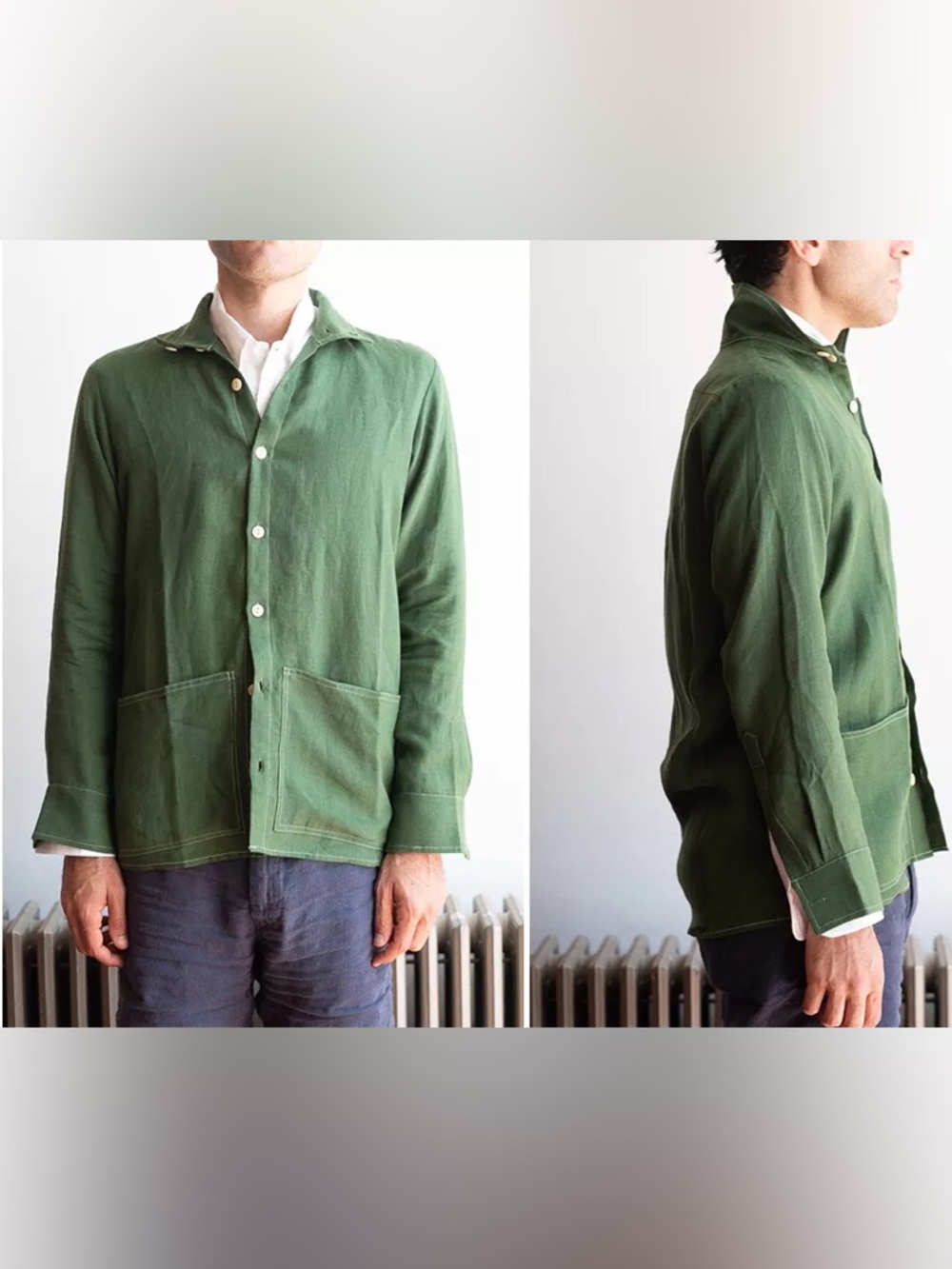 Blluemade 100% Belgian Linen Green Chore Coat Shirt Size M - Picture 6 of 6